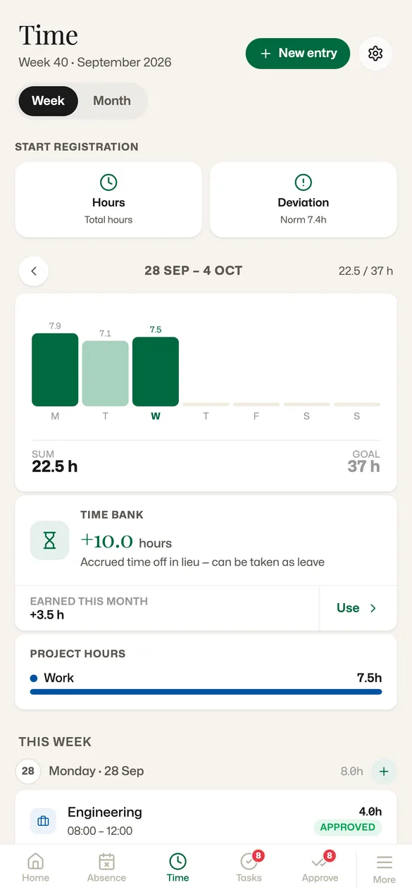 Time registration on mobile